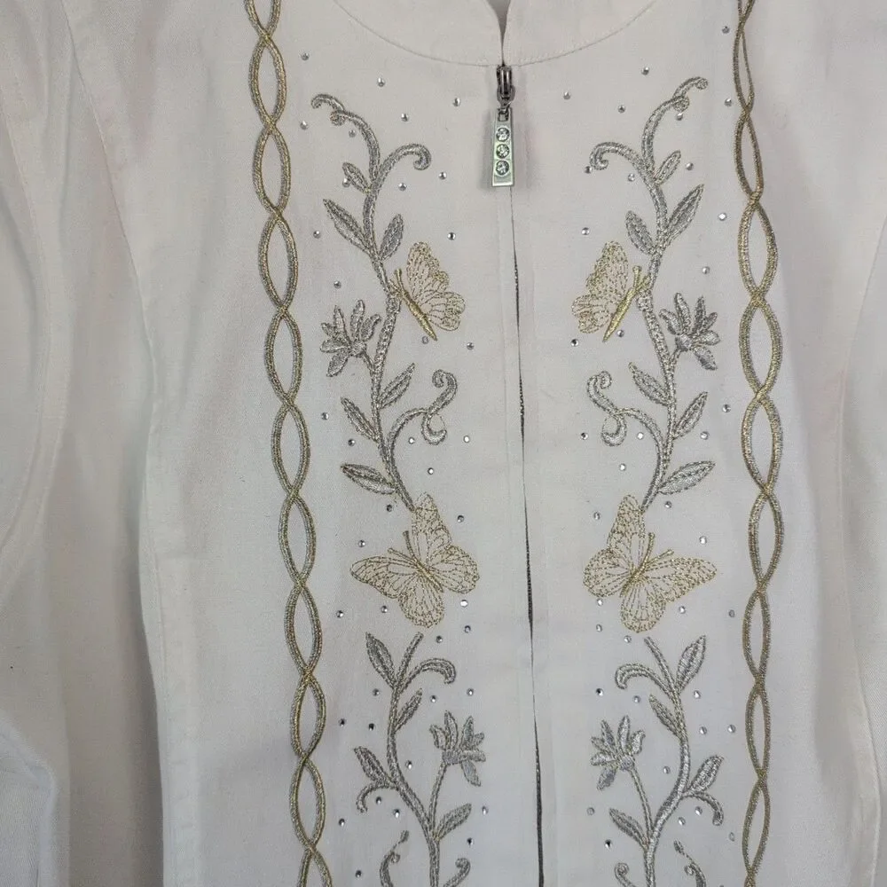 Embroidered Bead Denim Jacket XL White Gold Silver Butterfly Whimsy Boho Fairy